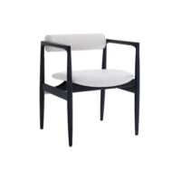 A modern chair with a black wooden frame, white cushioned seat, and a cylindrical white cushioned backrest, photographed on a white background.