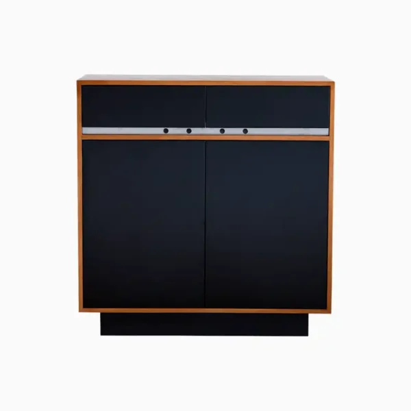 Timber cabinet with black doors and slim metal detail, showing clean lines and modern proportions.