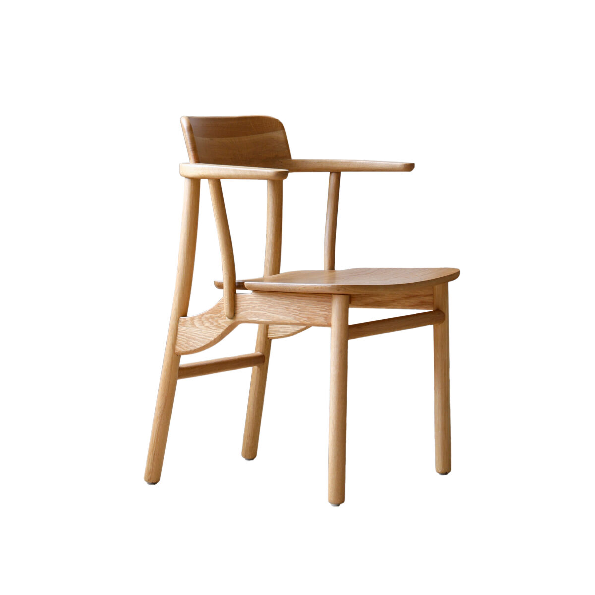 Crown Chair_Natural_White Background A modern wooden chair with a curved backrest, integrated armrests, and smooth, rounded edges, shown against a white background.