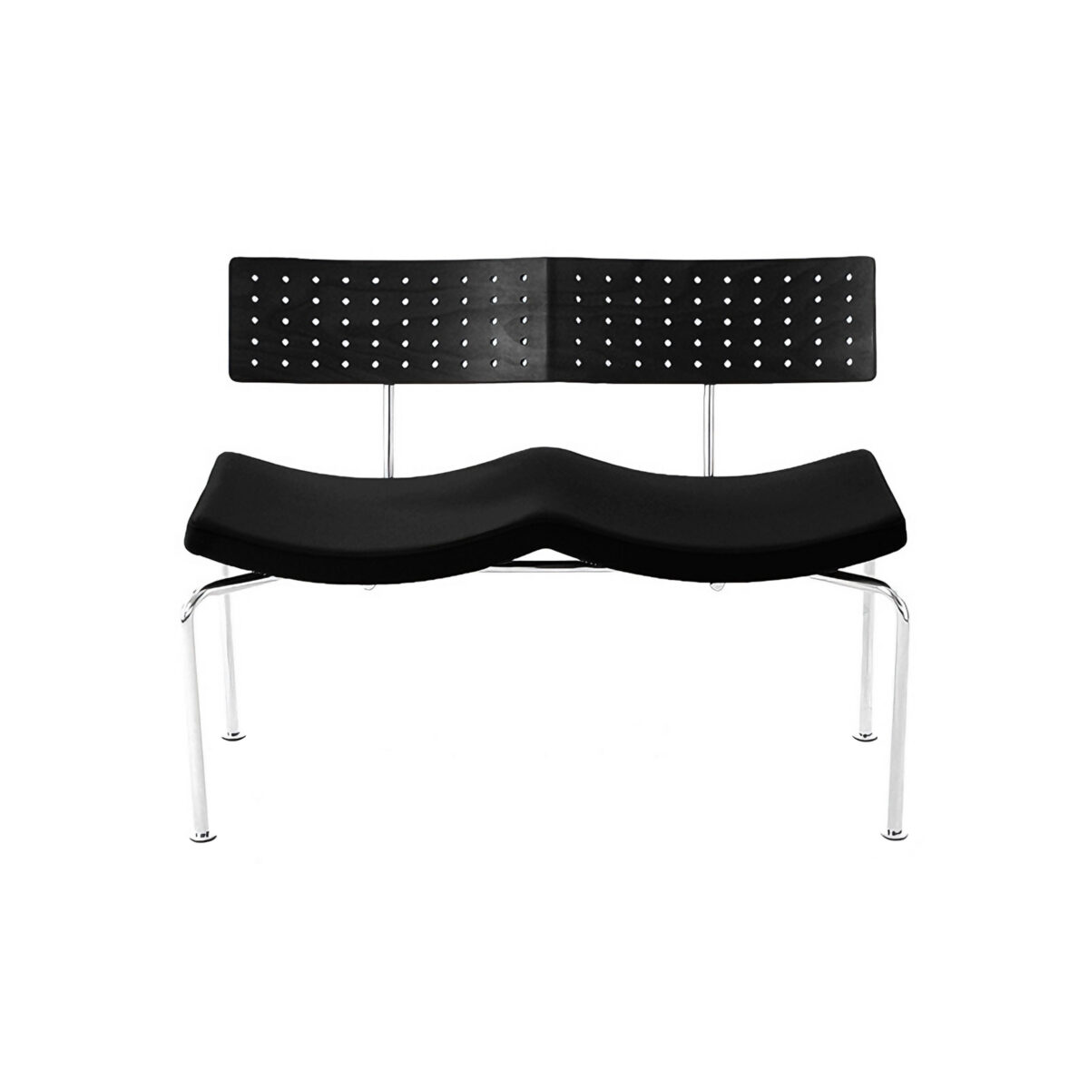 Flying Bench_BlACK Frame_Black_White Bcakground A modern black bench with a split backrest featuring small circular cut-outs, contoured seat, and metal legs, set against a white background.