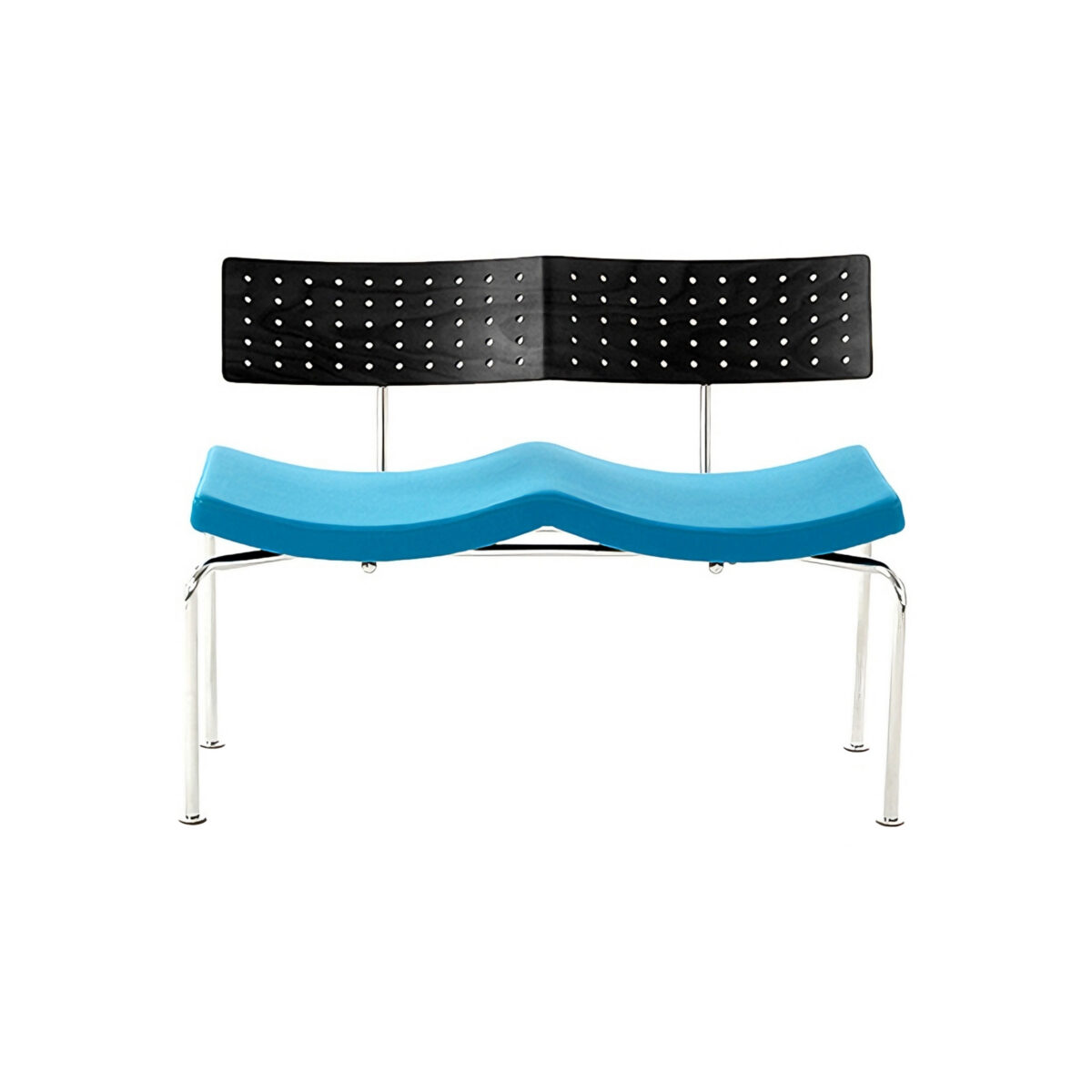 Flying Bench_Black Frame_Blue_White Background A modern bench with a perforated black backrest, contoured blue seat, and chrome legs, photographed against a white background.