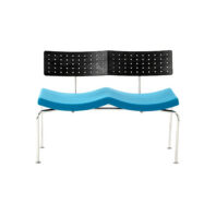 A modern bench with a perforated black backrest, contoured blue seat, and chrome legs, photographed against a white background.