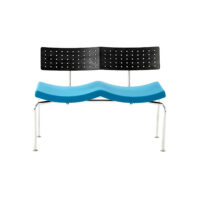 A modern bench with a perforated black backrest, contoured blue seat, and chrome legs, photographed against a white background.
