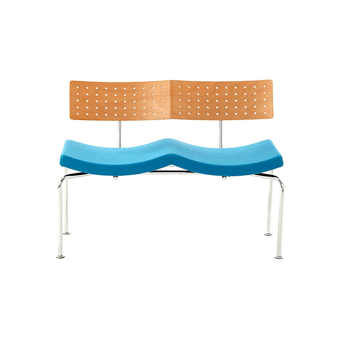 Flying Bench_Natural Frame_Blue_White Bcakground A modern bench with a perforated wooden backrest, a wavy blue seat, and metal legs, set against a plain white background.