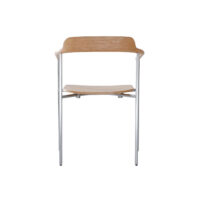 A minimalist wooden chair with a curved backrest and seat, supported by slim, silver metal legs, photographed against a plain white background.