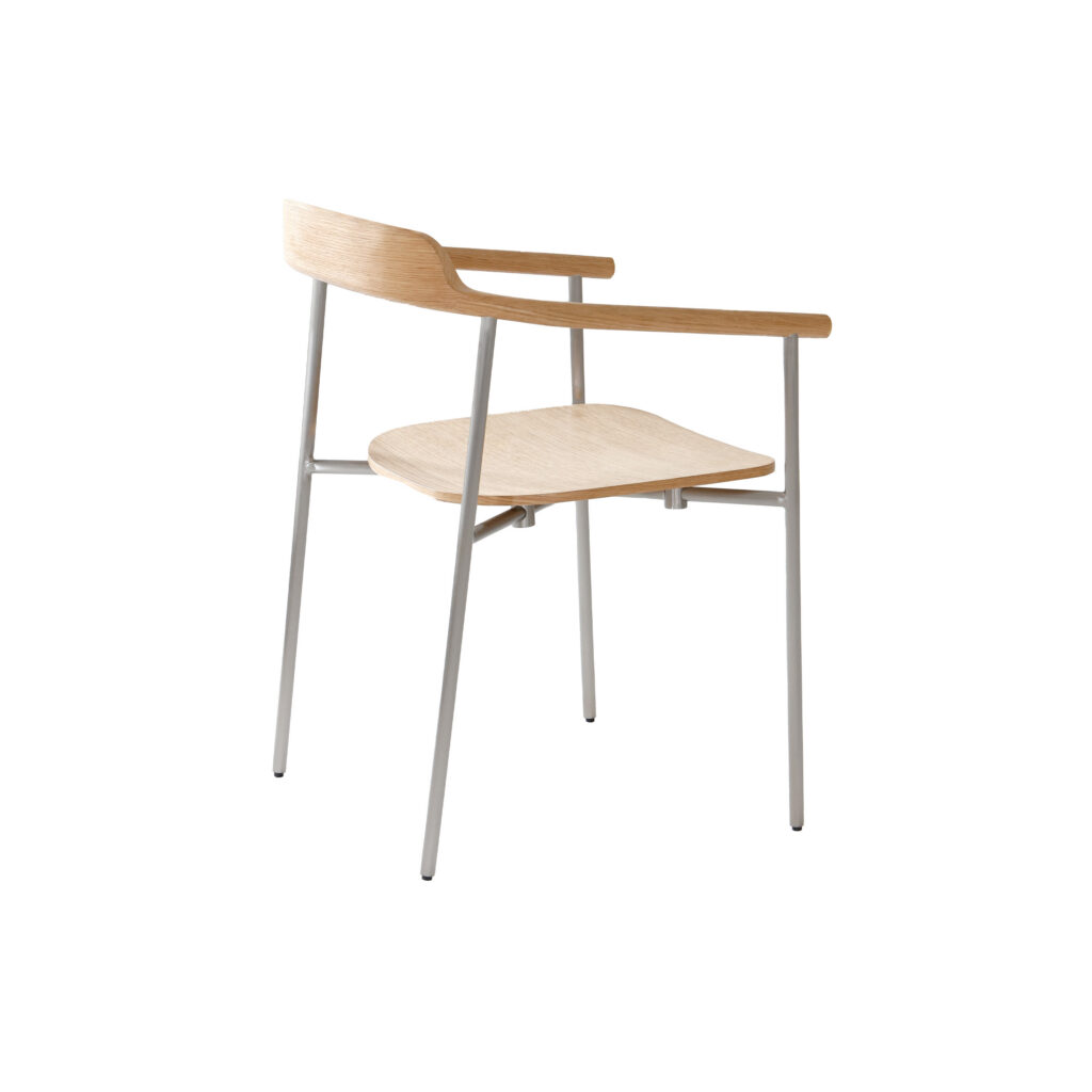 Minimalist wooden chair with a curved backrest, slender metal legs, and a flat wooden seat, shown at an angle against a white background.