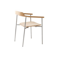 Minimalist wooden chair with a curved backrest, slender metal legs, and a flat wooden seat, shown at an angle against a white background.