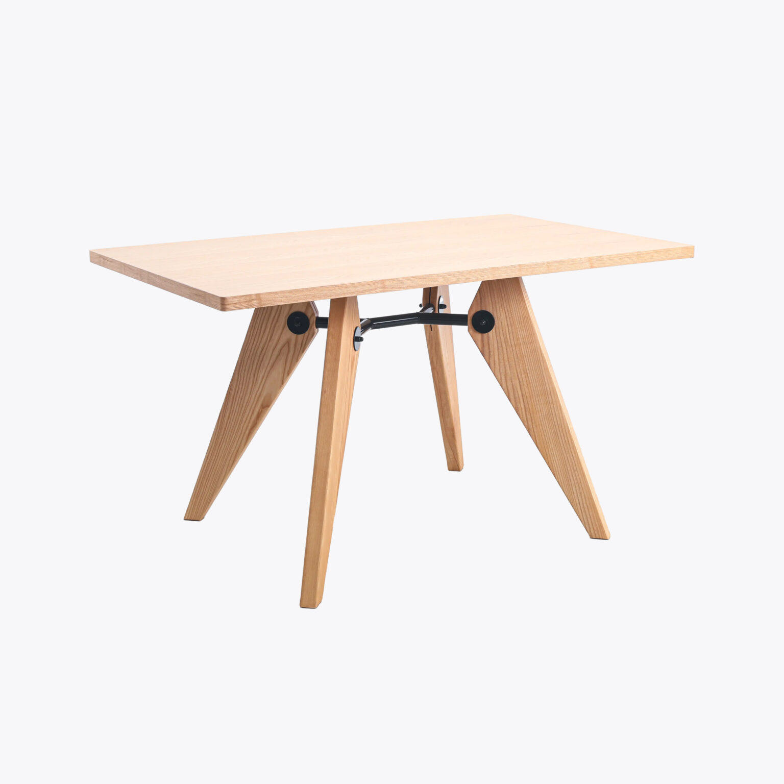 Gray background_502 Table_benssur A rectangular wooden table with a light finish and angled legs, connected by a metal support bar underneath.