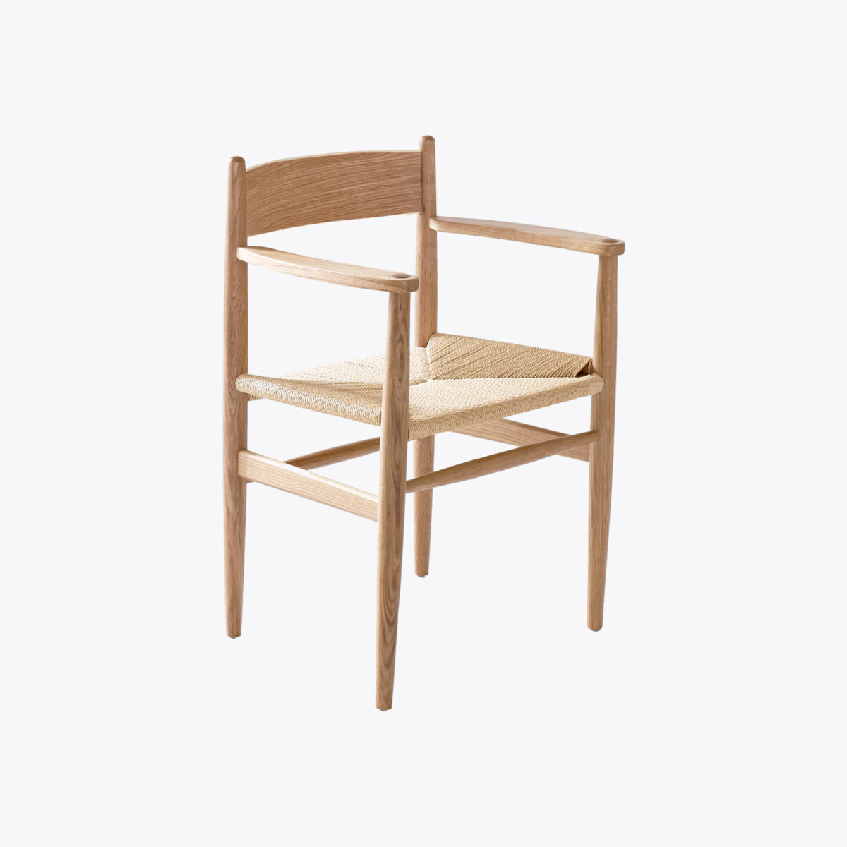 Gray background_CH37 Replica_benssur A wooden chair with a woven seat, angled armrests, and a minimalist, Scandinavian design, shown against a plain white background.