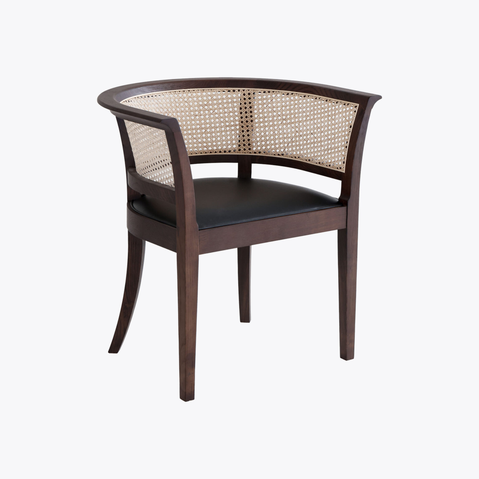 A wooden chair with a curved cane backrest and a black cushioned seat, featuring four straight legs and a modern, minimalist design.