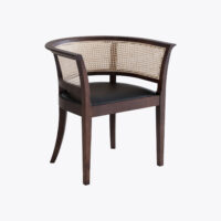 A wooden chair with a curved cane backrest and a black cushioned seat, featuring four straight legs and a modern, minimalist design.