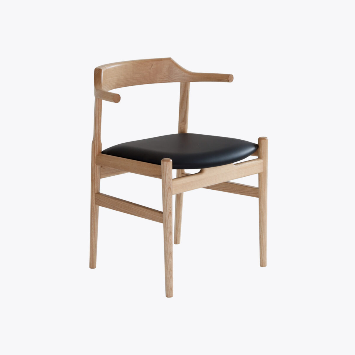 A modern wooden chair with a curved backrest, open sides, and a black cushioned seat, photographed against a plain white background.