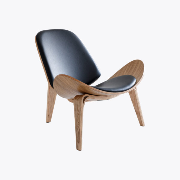 A modern accent chair with a curved wooden frame and three legs, featuring a black leather seat and backrest. The design is minimalist and sleek, placed against a plain white background.