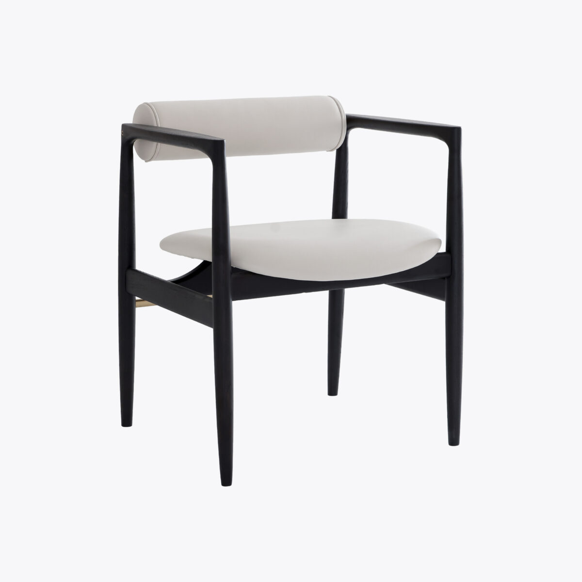 Gray background_The Quokka02_benssur A modern chair with a black frame, angled legs, a cylindrical white backrest, and a matching white seat cushion, set against a plain light grey background.