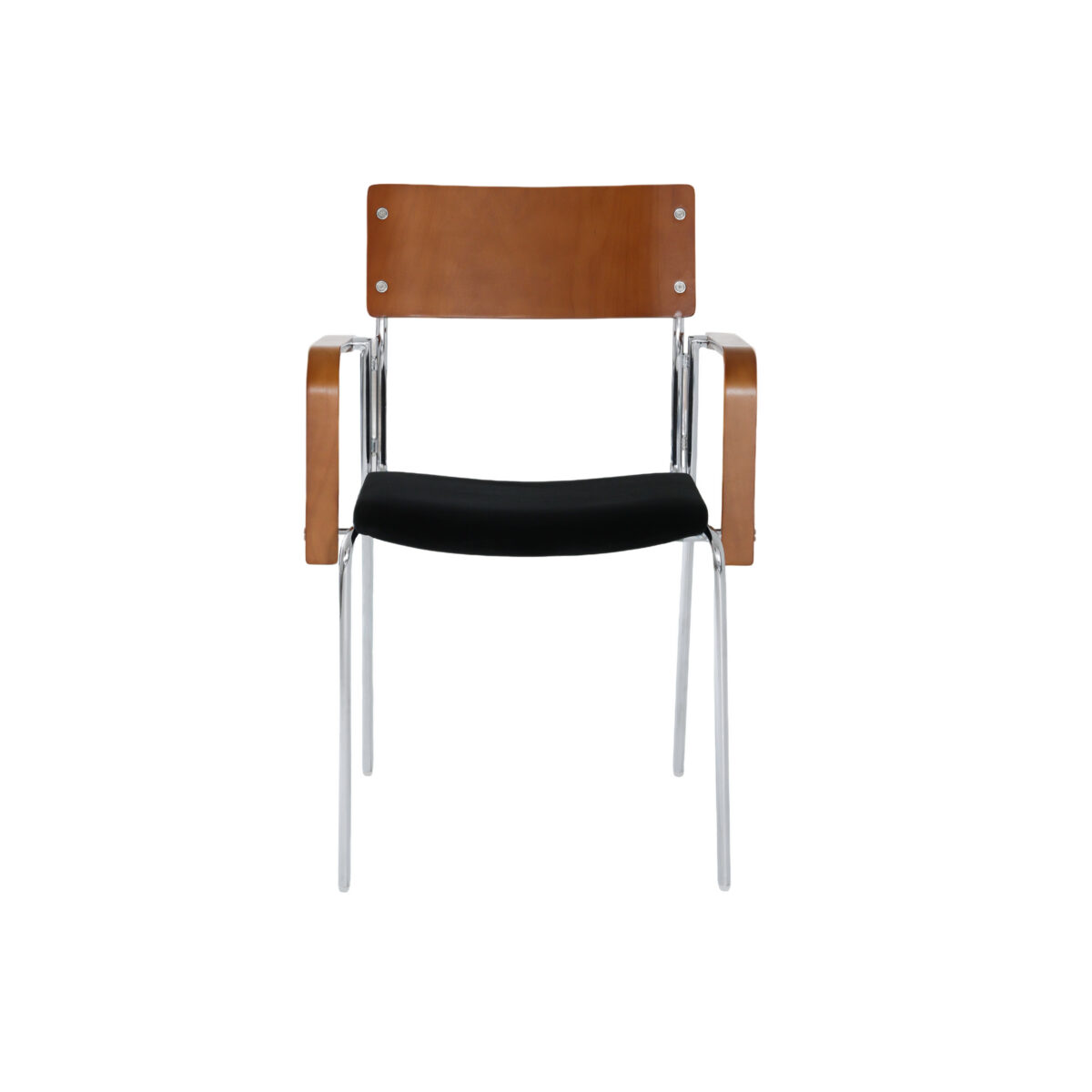 Knight Dining Chair_Brown_White Background(3) A modern chair with a brown wooden backrest and armrests, a black cushioned seat, and slender metal legs, photographed against a white background.