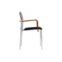 A modern chair with a metal frame, a black upholstered seat, and wooden armrests and backrest, shown in profile against a white background.