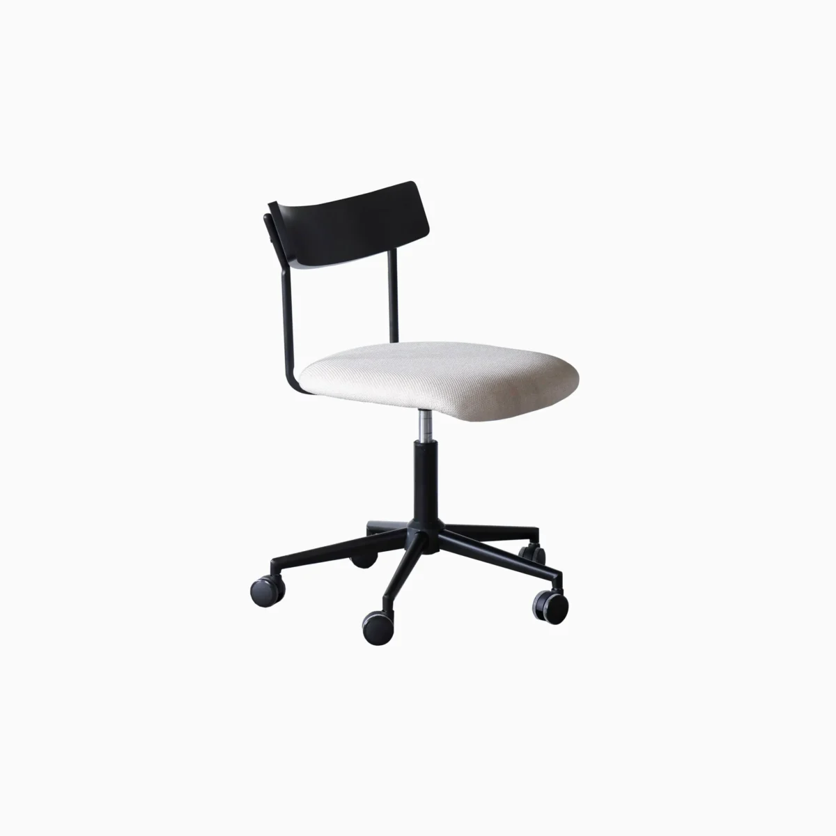 Lift Office Chair_Side View_Grey Background A modern office chair with a beige cushioned seat, black backrest, and a black metal base with five castors, set against a plain white background.