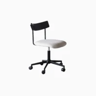 A modern office chair with a beige cushioned seat, black backrest, and a black metal base with five castors, set against a plain white background.