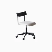 A modern office chair with a beige cushioned seat, black backrest, and a black metal base with five castors, set against a plain white background.