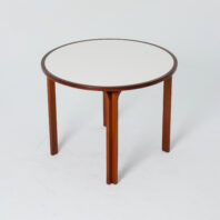 A round table with a white table top and three wooden legs, set against a plain white background.