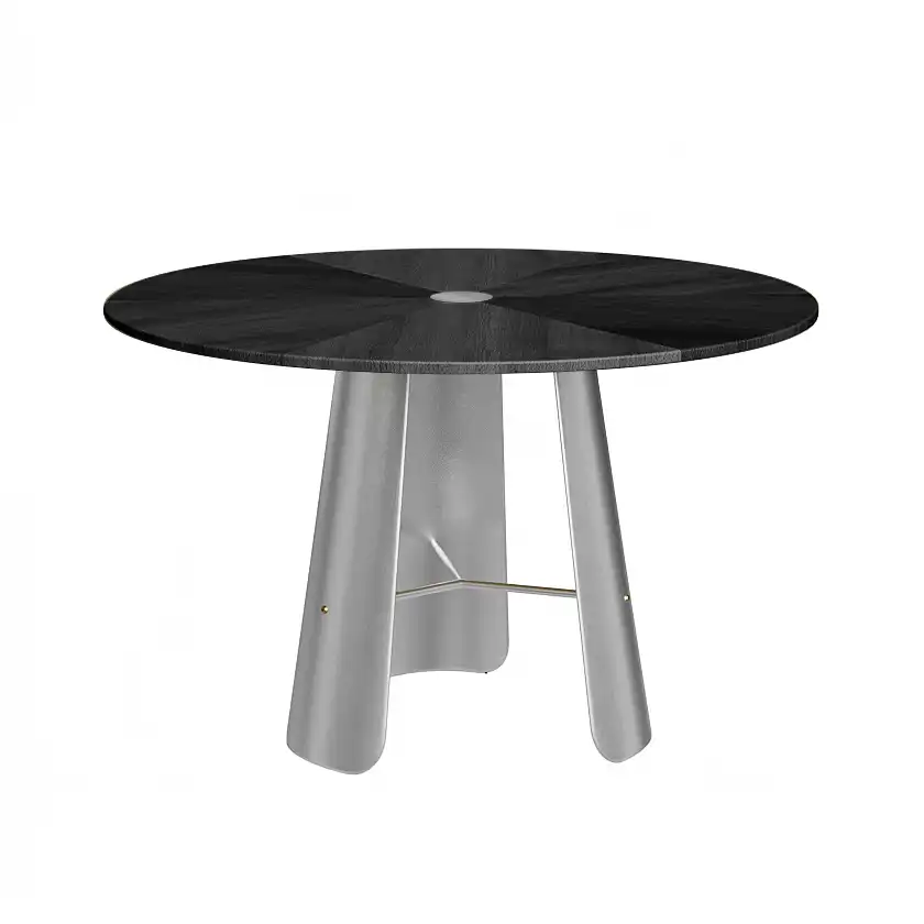 A modern round table with a dark, glossy top and three wide, curved metallic legs connected by a horizontal bar.