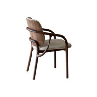 A modern wooden chair with curved armrests, a rounded backrest, and light beige cushioned seat, shown on a white background.