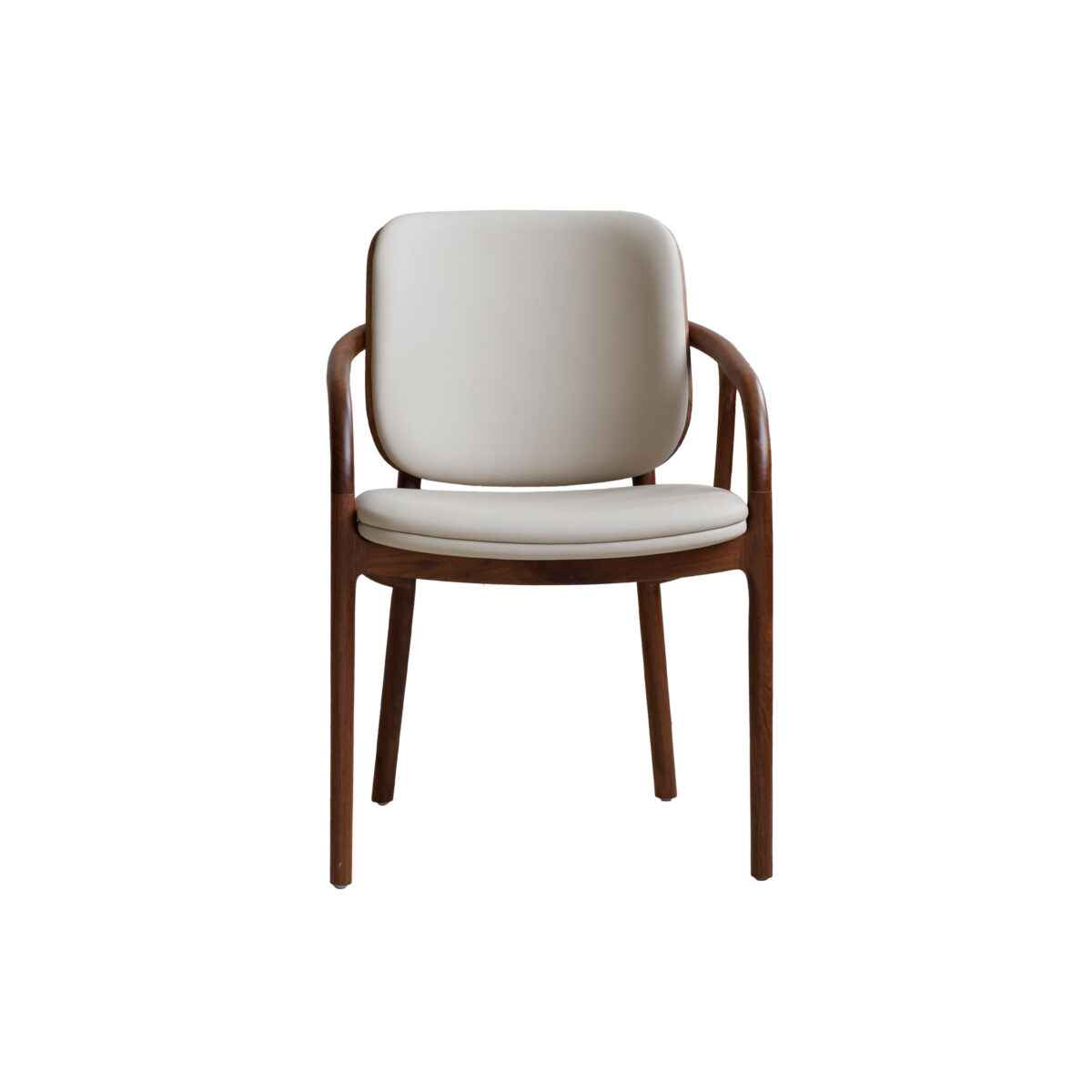 Mufan Dining Chair_Dark Brown_White Background(3) A modern chair with a wooden frame and legs, featuring a curved backrest and armrests. The seat and back are upholstered in light beige fabric. The chair is photographed against a white background.