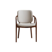 A modern chair with a wooden frame and legs, featuring a curved backrest and armrests. The seat and back are upholstered in light beige fabric. The chair is photographed against a white background.