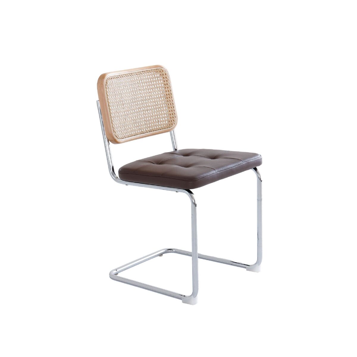 Natural Frame_Chrome_Tan Leather_White Background A modern chair with a chrome cantilever frame, a woven cane backrest, and a tufted brown leather seat.