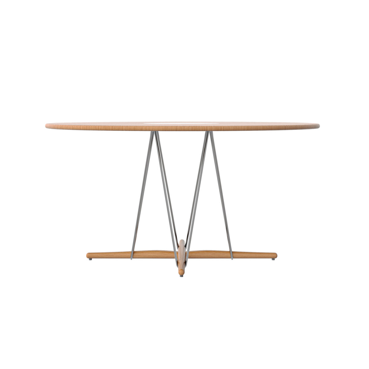 Pebble Dining Chair_White Background A round wooden table with a smooth top and a unique metal base featuring angular supports, connected to wooden feet at the bottom. The design is modern and minimalist.