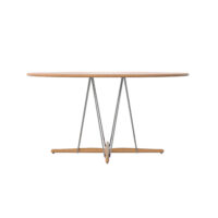 A round wooden table with a smooth top and a unique metal base featuring angular supports, connected to wooden feet at the bottom. The design is modern and minimalist.