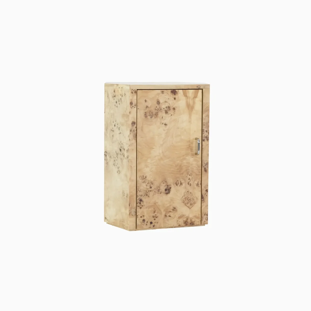 A small, rectangular wooden cupboard with a single door and a light, natural burr wood finish, featuring a simple metal handle on the right side.