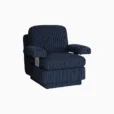 A modern armchair upholstered in dark blue fabric with thin, vertical white pinstripes. The chair has wide armrests and a boxy, cushioned design, set against a plain white background.