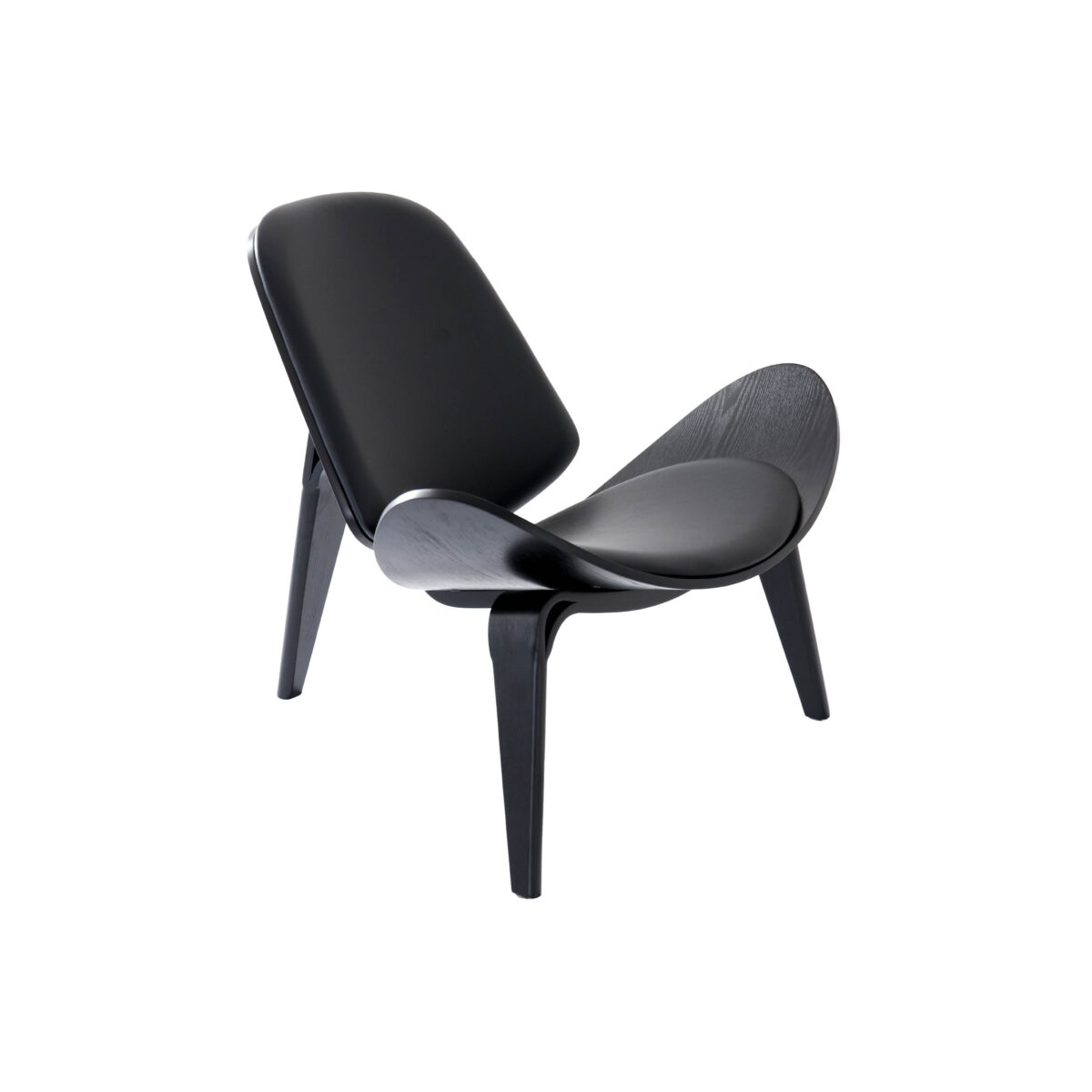 Shell Chair_Black_White Background A modern, black lounge chair with three legs, a curved seat, and a low, angled backrest. The chair features sleek, minimalist design and smooth finishes, set against a plain white background.