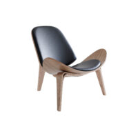 A modern lounge chair with a curved wooden frame, three legs, and black leather cushions on the seat and backrest, set against a plain white background.