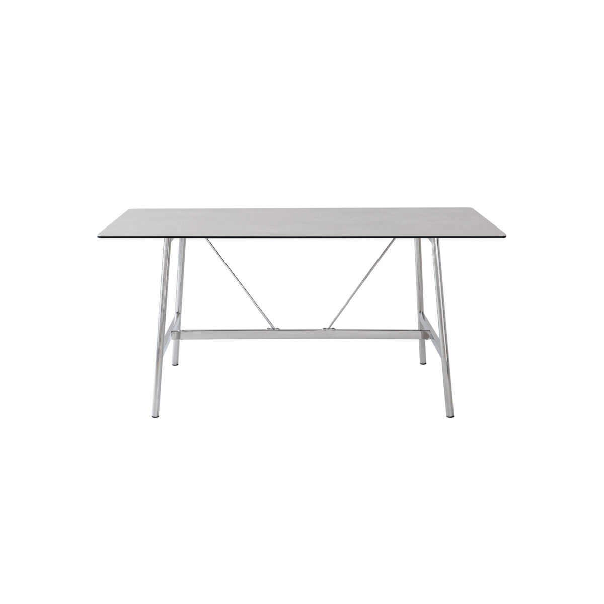 Shuge Dining Table_White_White Background(2) A minimalist rectangular table with a smooth, light-coloured top and slender metal legs, shown against a plain white background.