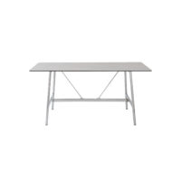 A minimalist rectangular table with a smooth, light-coloured top and slender metal legs, shown against a plain white background.