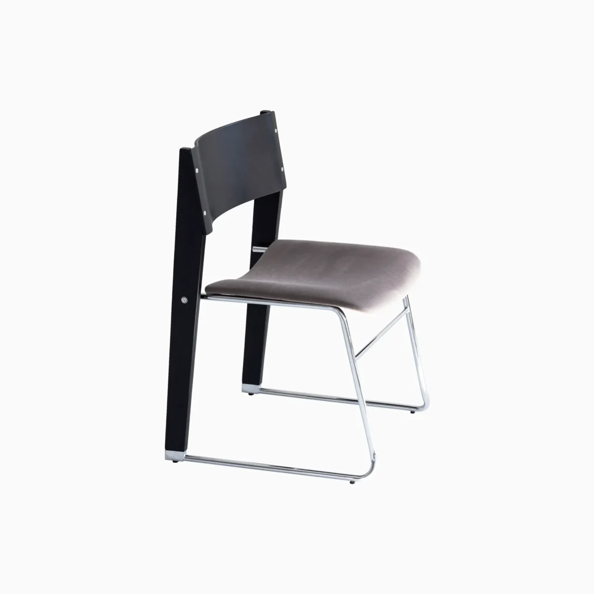 A modern chair with a black backrest, grey cushioned seat, and chrome metal legs, photographed against a plain white background.