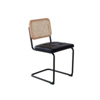 A modern chair with a black metal cantilever frame, a square black cushioned seat, and a rectangular woven rattan backrest.