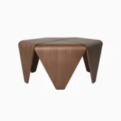 A modern, geometric coffee table with a smooth, rich wood finish and four triangular, downward-sloping legs, creating a sculptural and minimalist appearance on a white background.