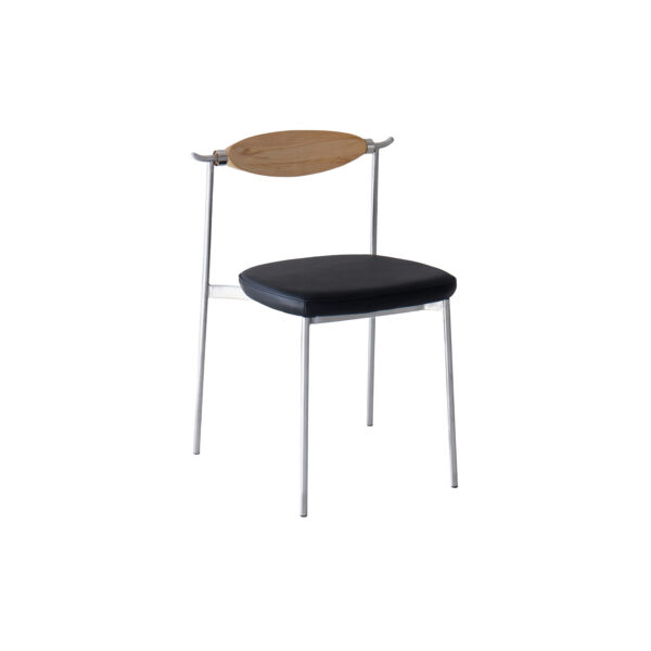 A modern chair with thin metal legs, a black cushioned seat, and a curved wooden backrest on a white background.