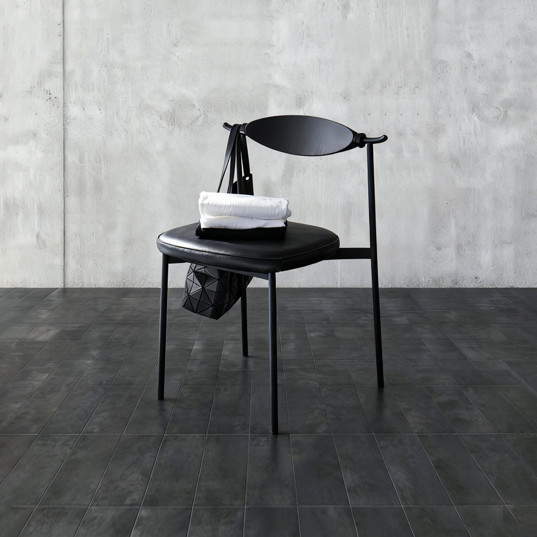 A modern black chair with a rounded backrest sits on a dark tiled floor. A white folded towel and a black geometric handbag are placed on the seat against a textured grey concrete wall.