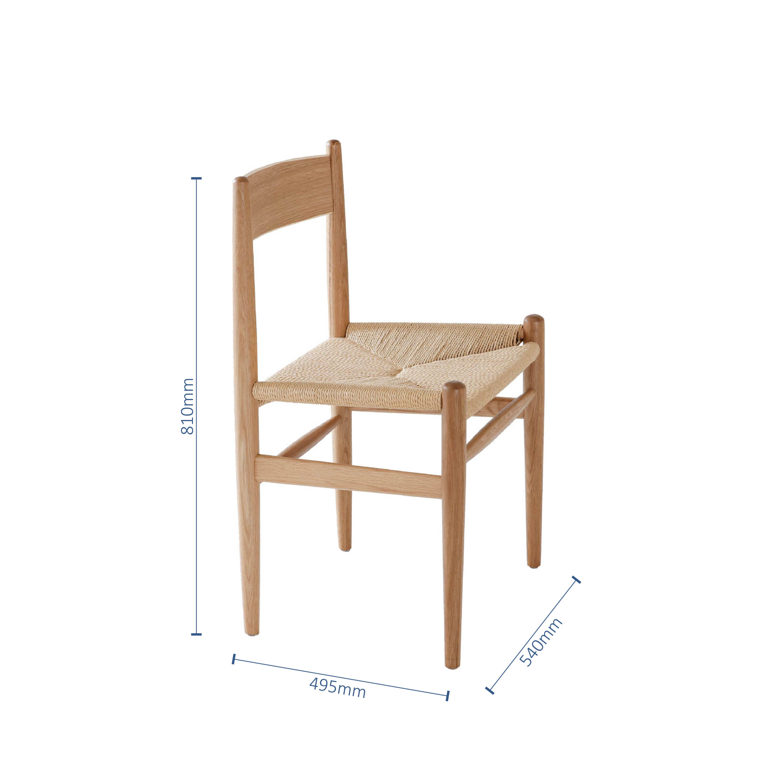 A wooden chair with a woven seat, angled slightly to the side. Dimensions are shown: 810mm tall, 495mm wide, and 540mm deep.