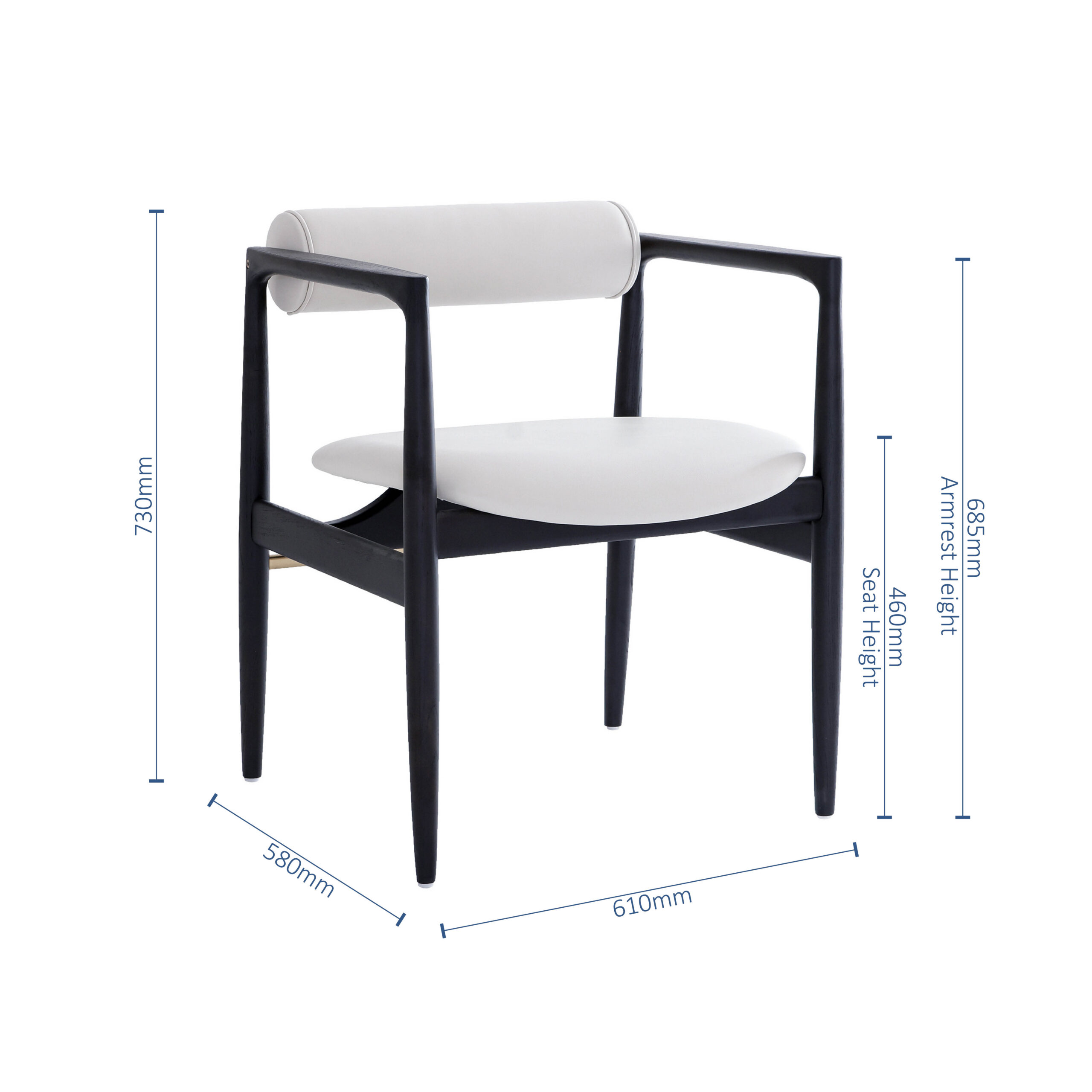 Modern chair with black frame and white cushioned seat and backrest. Dimensions are labelled: height 730mm, width 610mm, depth 580mm, seat height 445mm, and armrest height 685mm.