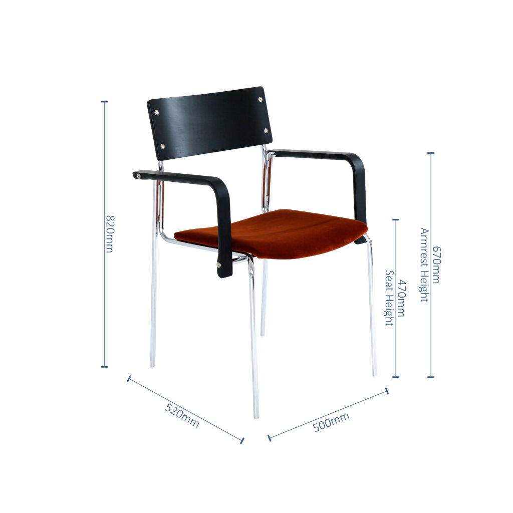 A modern chair with a black backrest, black armrests, chrome legs, and a brown cushioned seat. Dimensions shown: 820mm height, 520mm depth, 500mm width, 470mm seat height, 670mm armrest height.