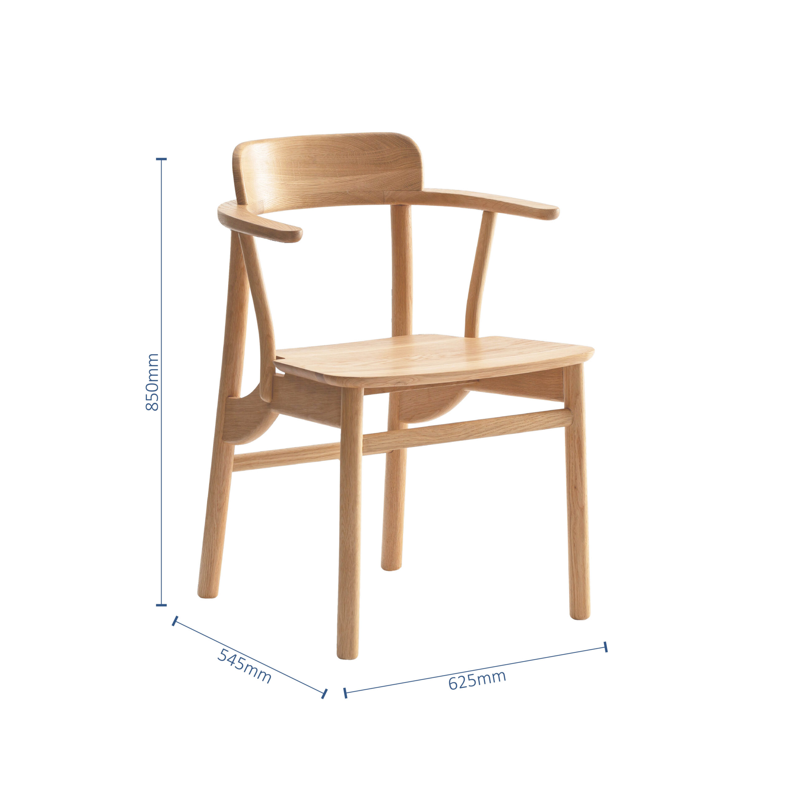 A wooden chair with armrests, curved backrest, and four legs. Dimensions are shown: 850mm height, 545mm depth, and 625mm width. The chair has a simple, modern design.