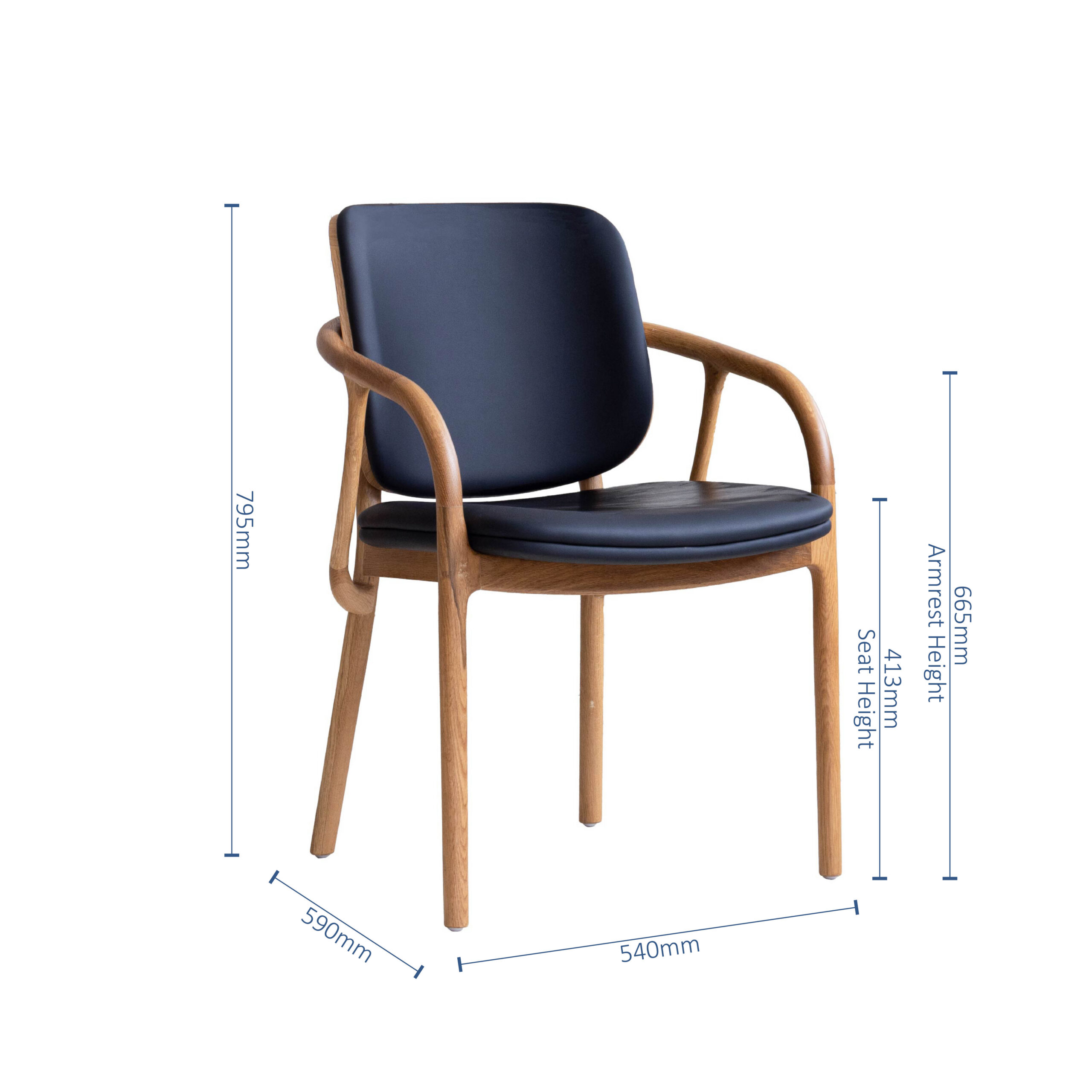 A wooden chair with black cushioned seat and backrest. The chair measures 795mm high, 540mm wide, 590mm deep, with a seat height of 445mm and armrest height of 665mm. Blue dimension lines are shown.
