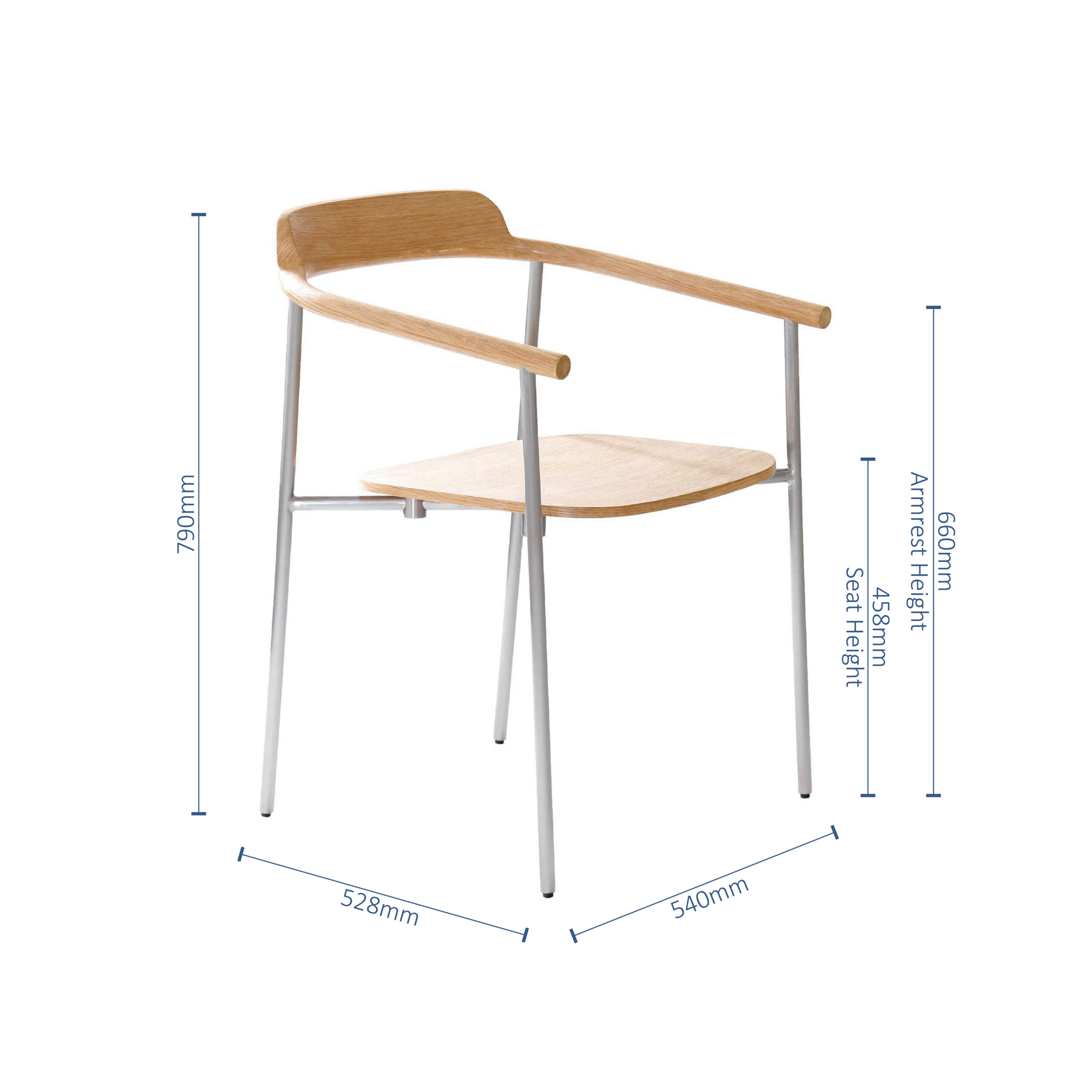 Minimalist chair with a wooden seat, backrest, and armrests, supported by metal legs. Dimensions are 790mm high, 528mm deep, 540mm wide, 450mm seat height, and 660mm armrest height.