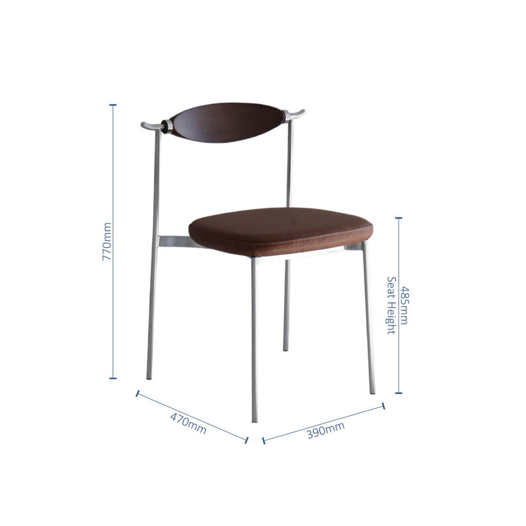 A modern chair with a brown cushioned seat and backrest, silver metal frame, and dimensions labelled: 770mm tall, 470mm deep, 390mm wide, with a seat height of 485mm.