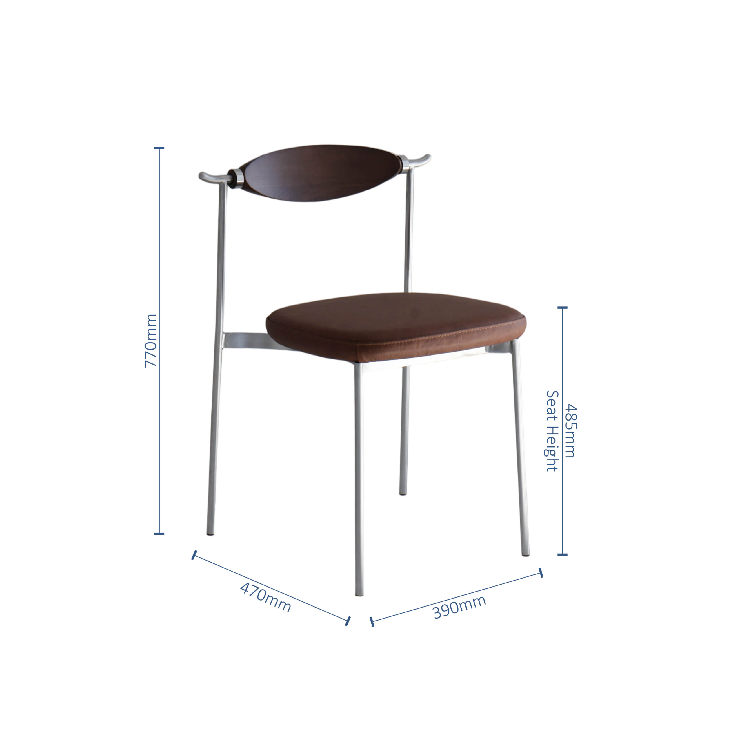 A modern chair with a brown cushioned seat and backrest, silver metal frame, and dimensions labelled: 770mm tall, 470mm deep, 390mm wide, with a seat height of 485mm.